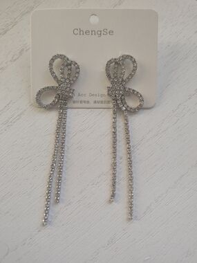 Silver Crystal Bow Drop Earrings